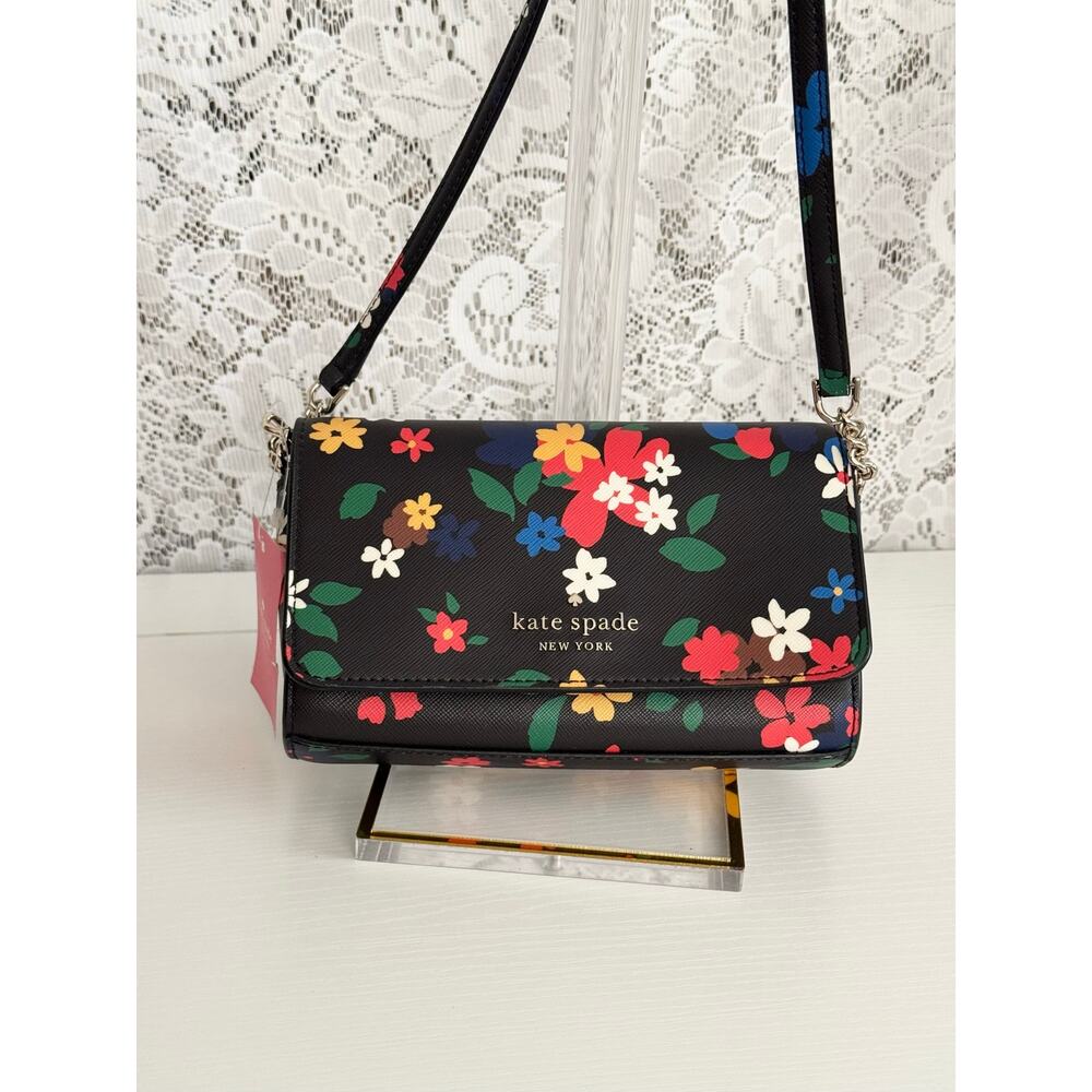 Kate Spade Staci Sailing Floral Small Flap Crossbody Black Multi NWT